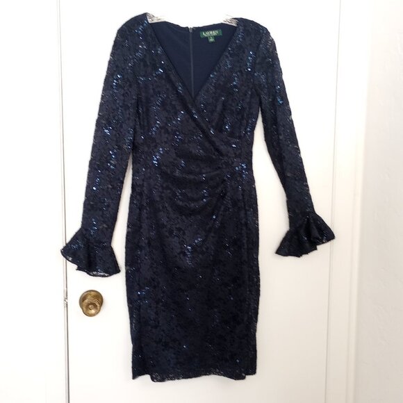Ralph Lauren Navy Sequin Lace Special Occasion Dress - Picture 1 of 11